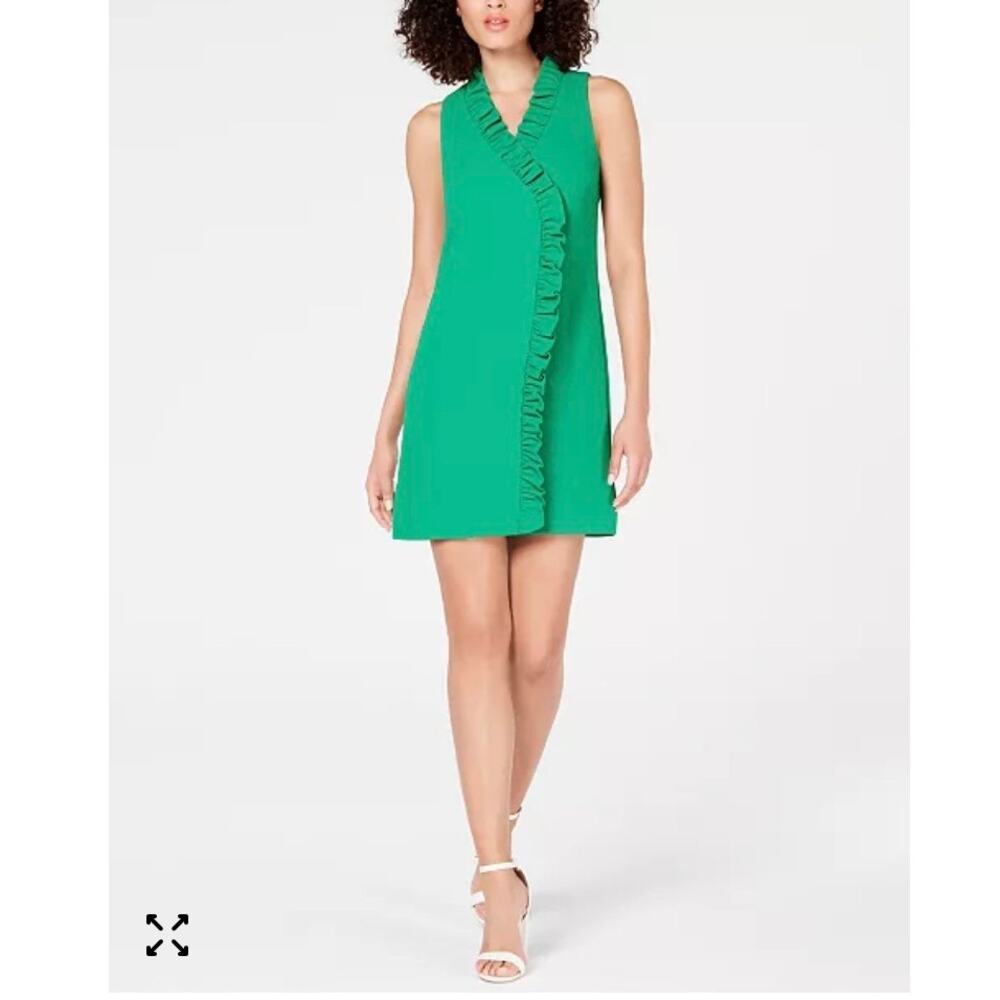 Trina Turk Relaxation Ruffled Faux Wrap sleeveless v neck green mini Dress 4